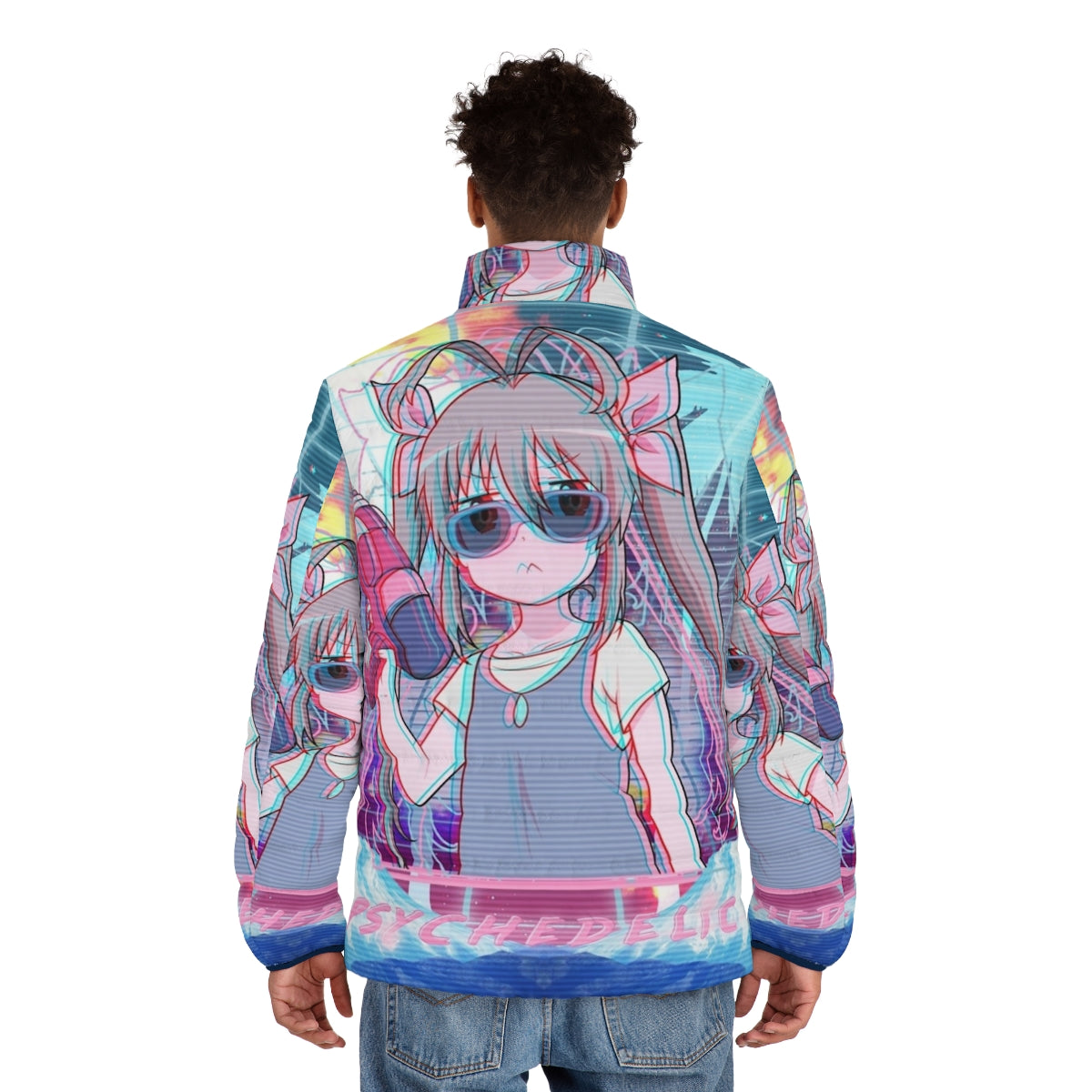 Psychedelic puffer jacket featuring anime-style girl with twin tails, water, gun, and palm trees in a synthwave, retrowave, vaporwave aesthetic - men back