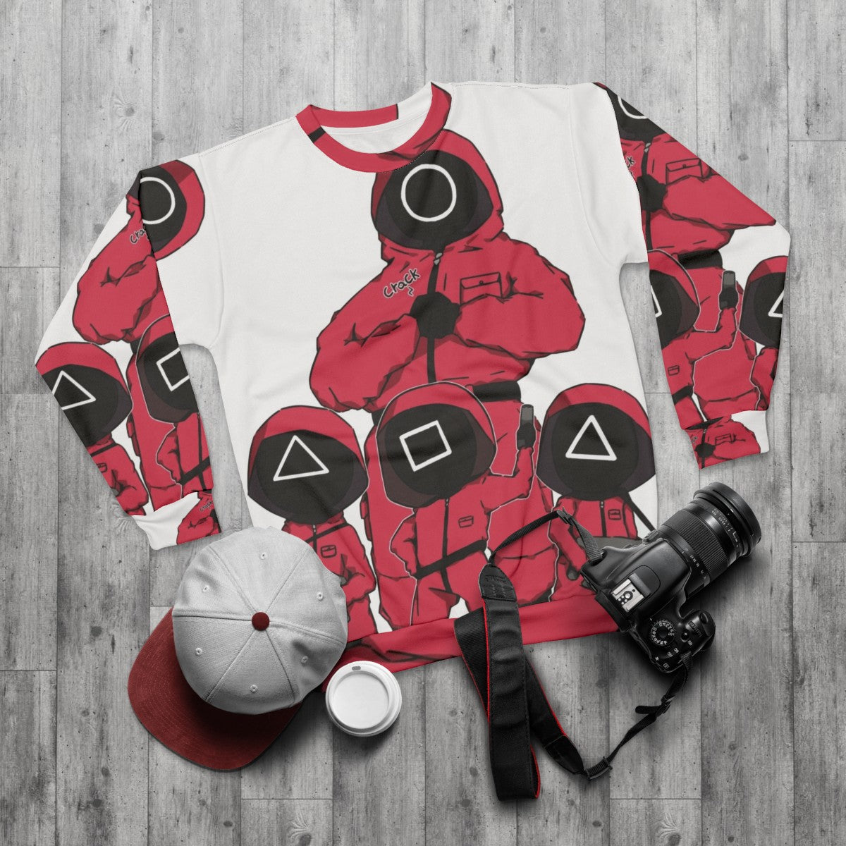 Squid Game Soldiers Sweatshirt featuring iconic characters from the Netflix Korean drama series - flat lay