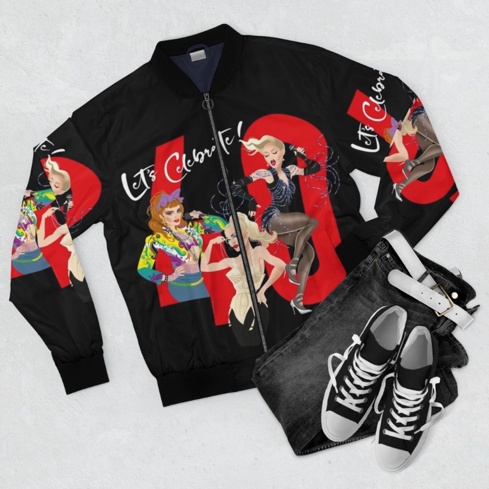 Bomber jacket with colorful Alejandro Mogollo art design - Flat lay