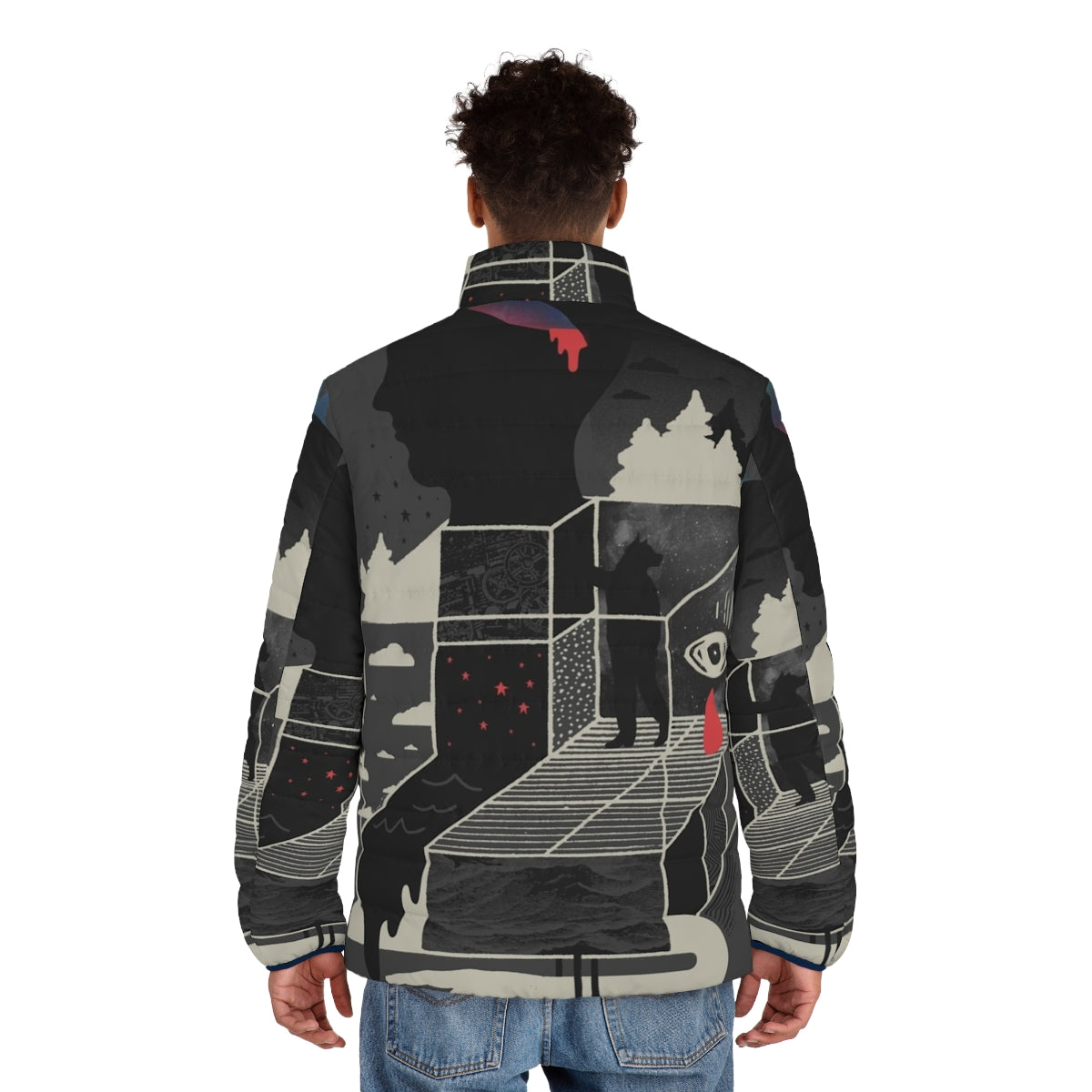 A puffer jacket featuring a surreal, dreamlike design with abstract shapes, clouds, and stars - men back