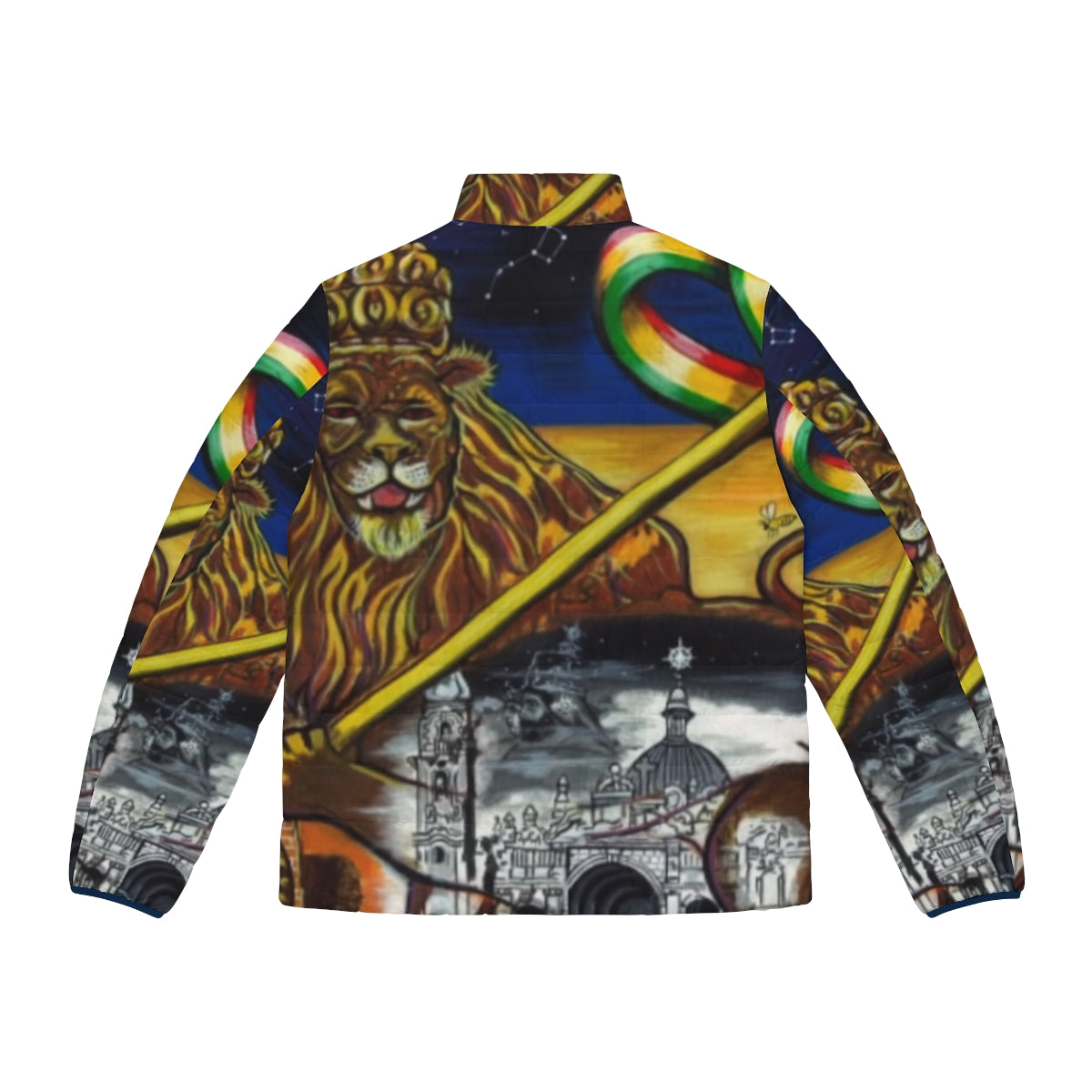 Midnite Zion Puffer Jacket featuring a Lion of Judah polygon design - Back