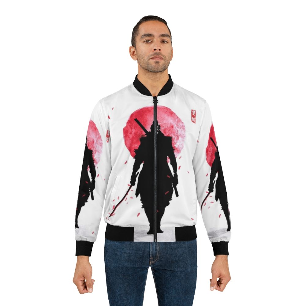 One Armed Wolf Bomber Jacket with Samurai Katana, Kanji, and Sakura Petals Design for Gamers - Lifestyle