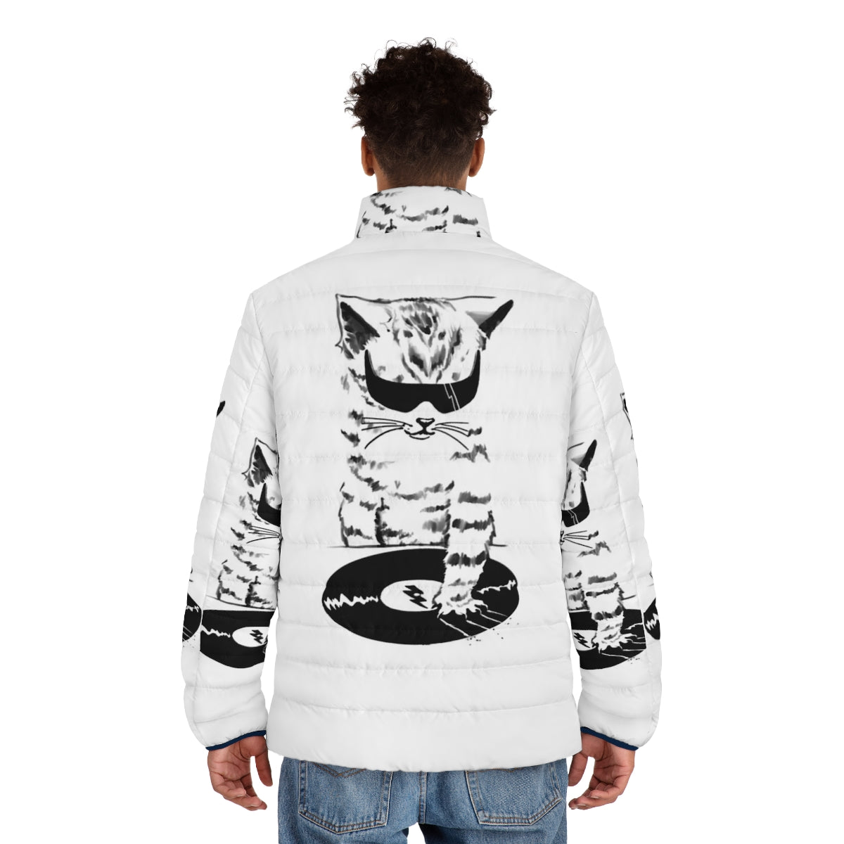 DJ Scratch Puffer Jacket with tabby cat and vinyl records - men back