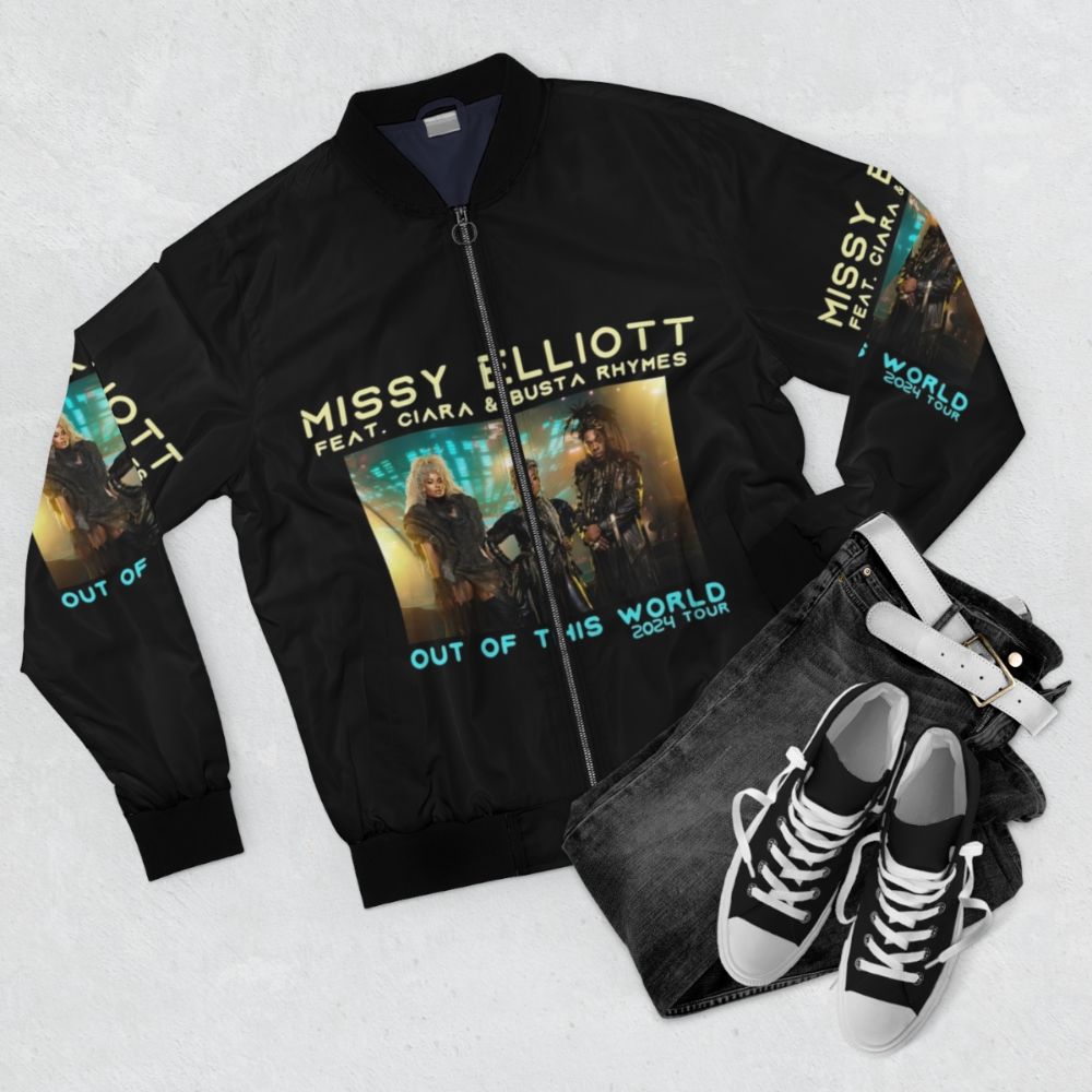 Missy Elliott 2024 Tour Feat Ciara & Busta Concert Bomber Jacket - Flat lay