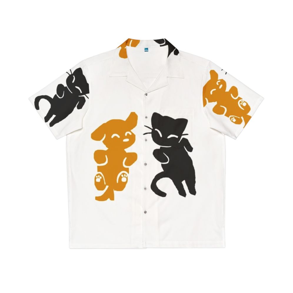 Colorful Hawaiian shirt with playful cat and dog print