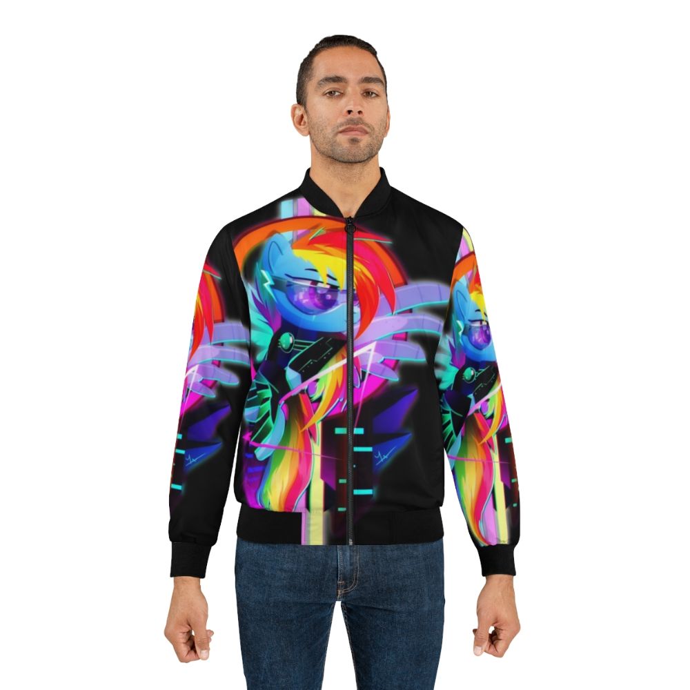 Vibrant synthwave-inspired bomber jacket featuring the character Rainbow Dash from My Little Pony: Friendship is Magic. - Lifestyle