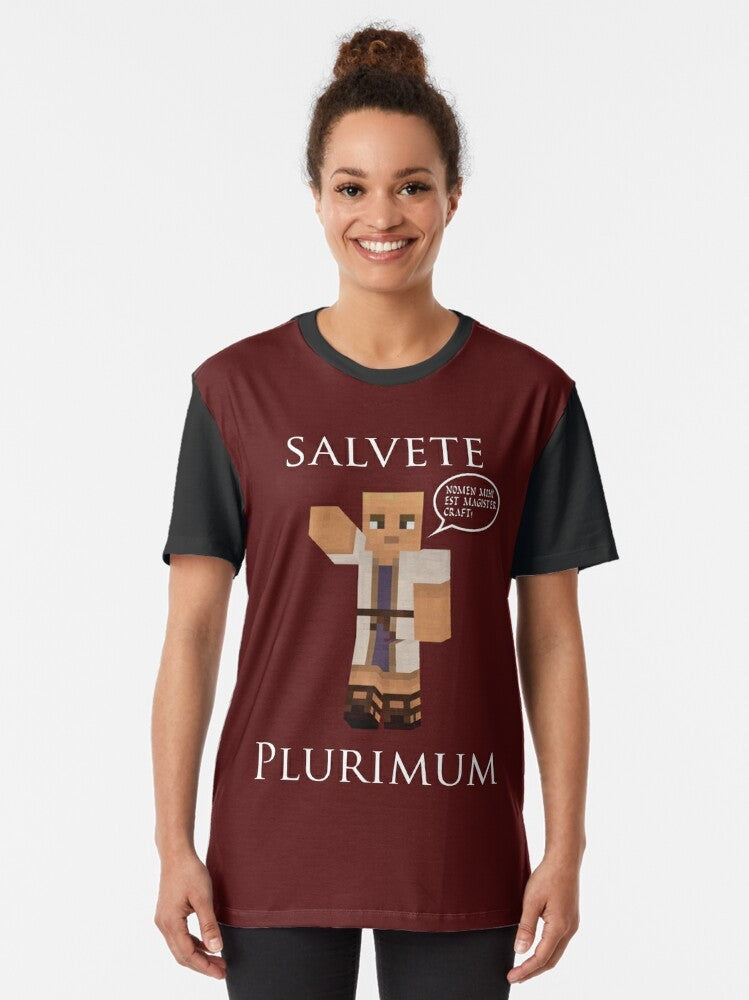 Magister Craft Graphic T-Shirt with Latin Minecraft Design "Salvete Plurimum! Nomen mihi est Magister Craft" - Women