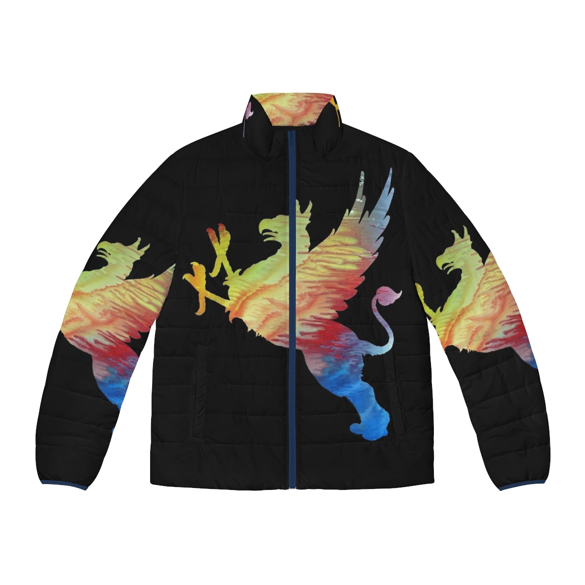 Gryphon Puffer Jacket with abstract watercolor painting of a legendary mythological creature