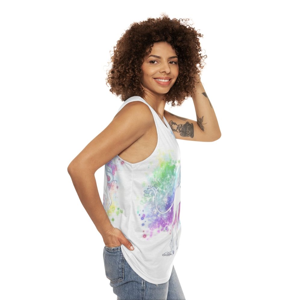 Transforming unicorn graphic on a unisex tank top - women side