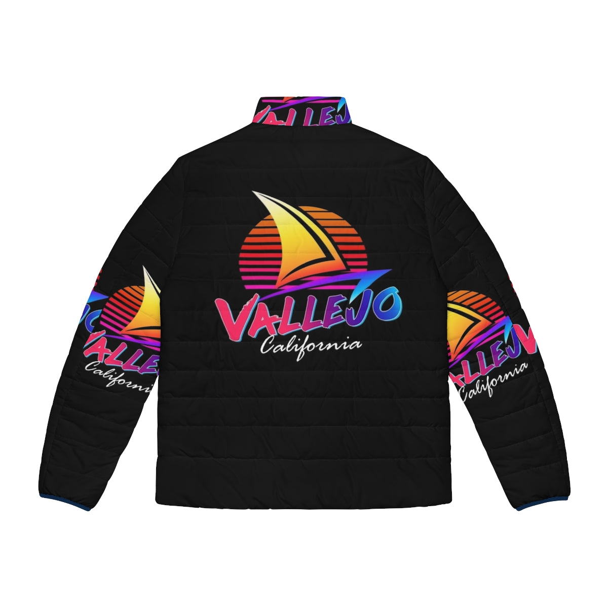 Vallejo California Retro Puffer Jacket with Sunset and Sailboat Design - Back