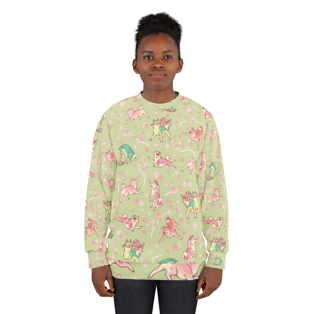 Shibakura Matchinu Matcha Sweatshirt with Shiba Inu Dog and Sakura Flower Pattern - women