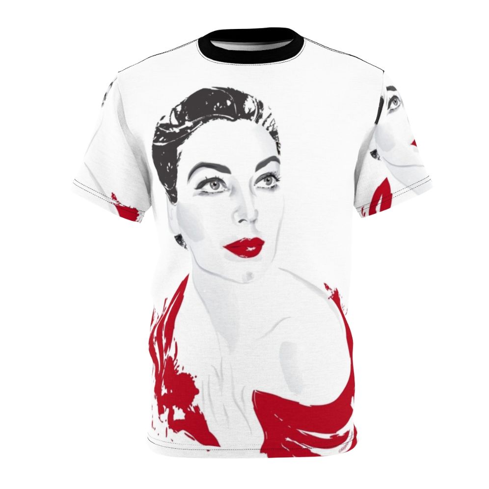 Artistic portrait of classic Hollywood actress Ava Gardner on a high-quality t-shirt.