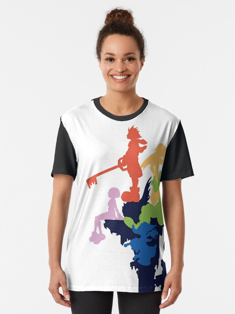 Kingdom Hearts Disney Graphic T-Shirt with Stylized Cover Art Featuring Sora, Riku, Kairi, Donald, and Goofy - Women