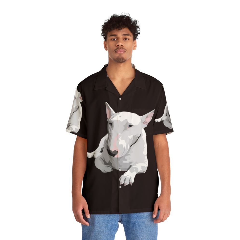 English Bull Terrier wearing a colorful Hawaiian shirt - People Front