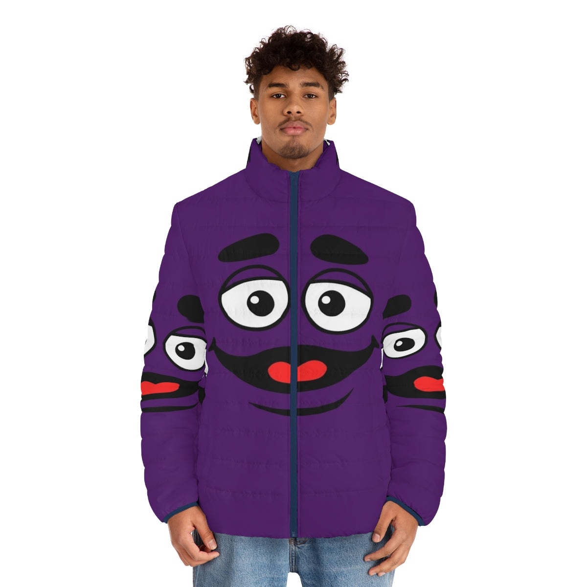 Grimace Face Puffer Jacket with Viral Meme Design - men front