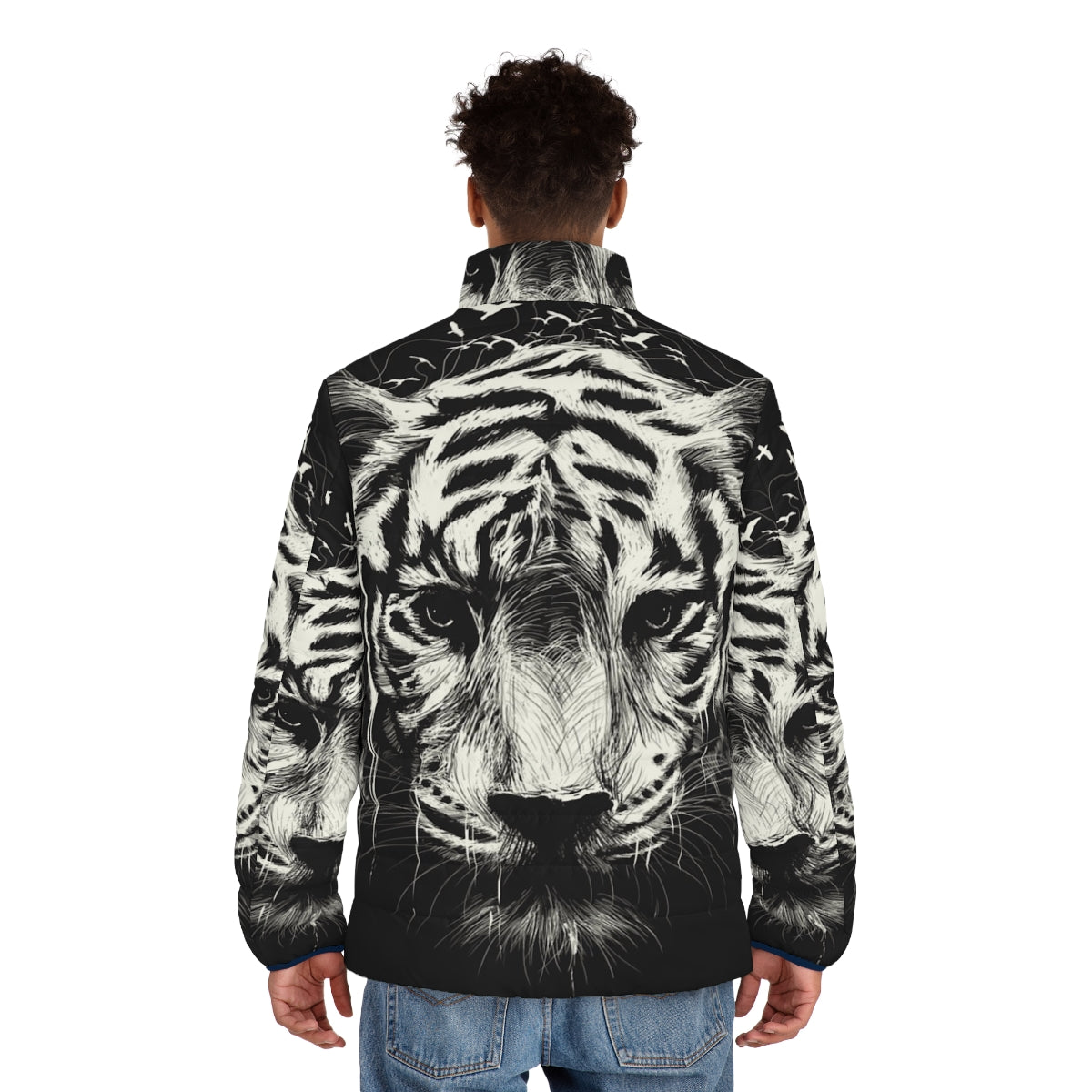 Interconnected puffer jacket with photorealistic wildlife and nature graphics - men back