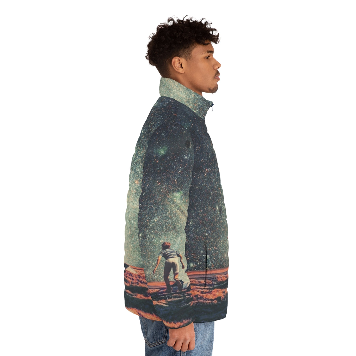 Nostalgic retro puffer jacket with pop art cosmic landscape design - men side right