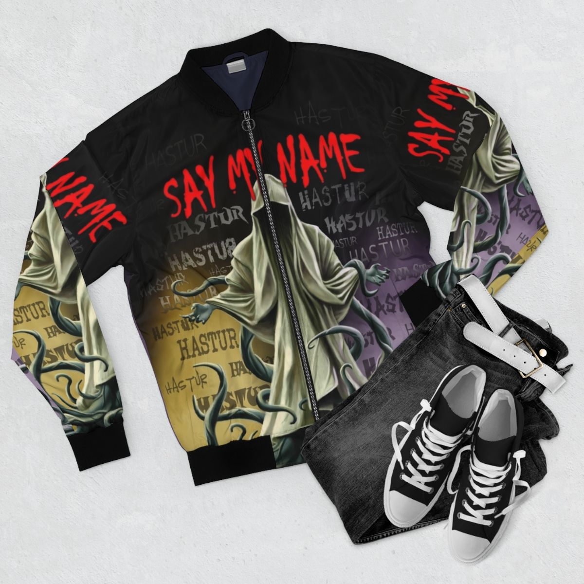 Hastur bomber jacket with Lovecraft's eldritch horror design - Flat lay