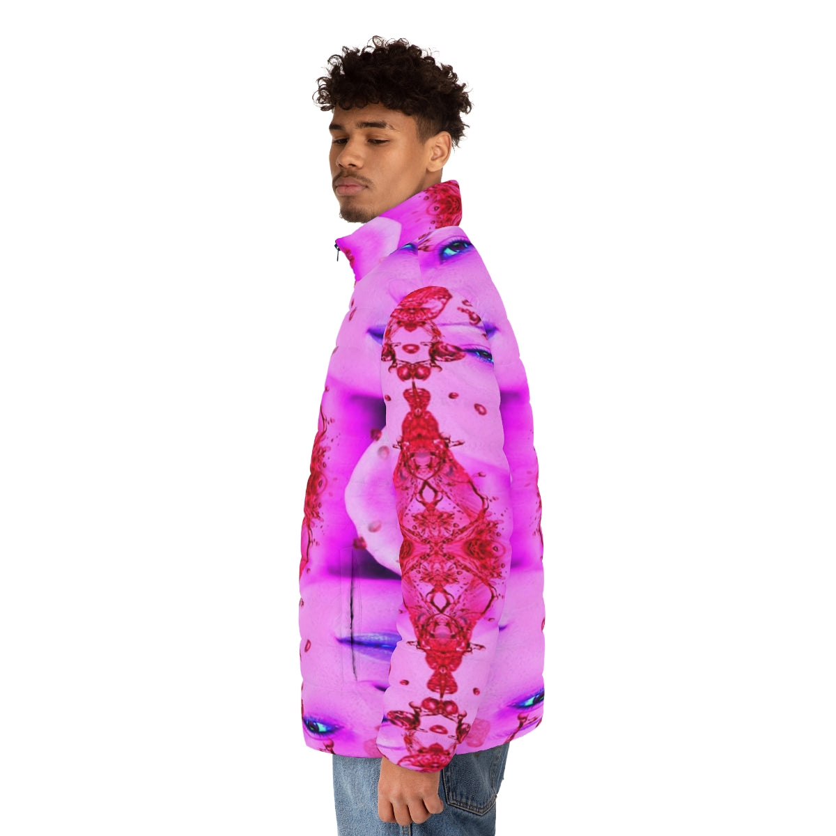 Passion Puffer Jacket featuring a vibrant, abstract pattern and whimsical design - men side left