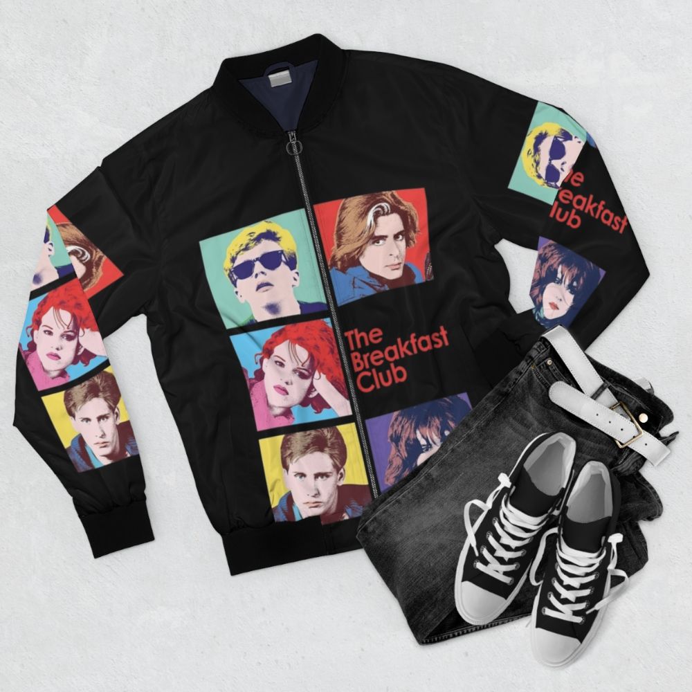 The Breakfast Club inspired 80s bomber jacket with movie quotes and retro graphics - Flat lay