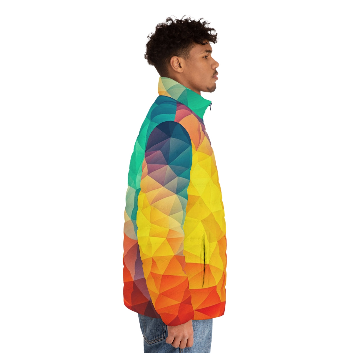 Colorful abstract geometric puffer jacket - men side right