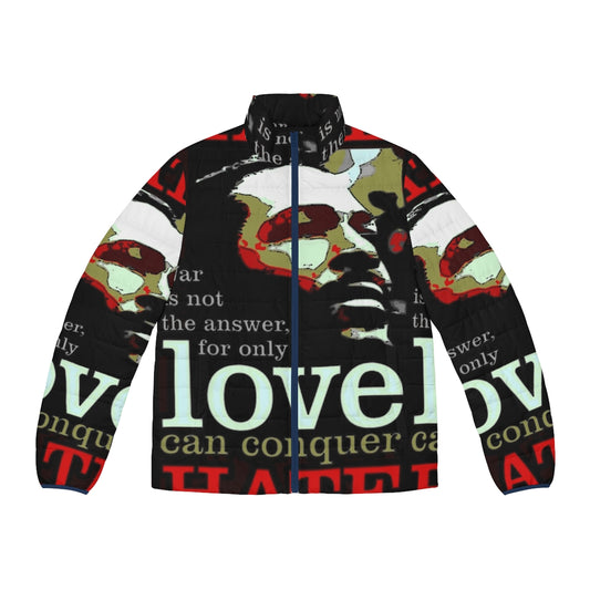 Marvin Gaye inspired puffer jacket with "Love Can Conquer Hate" design