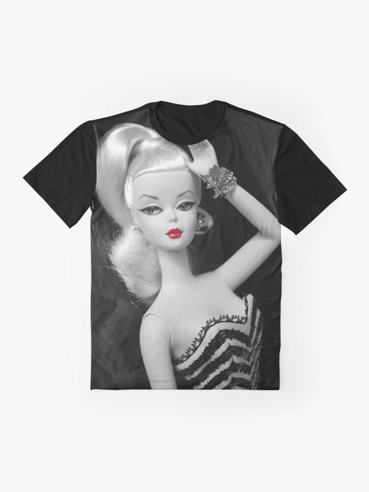 Vintage Silkstone Doll Graphic T-Shirt featuring a black and white image of a classic doll with red lipstick - Flat lay