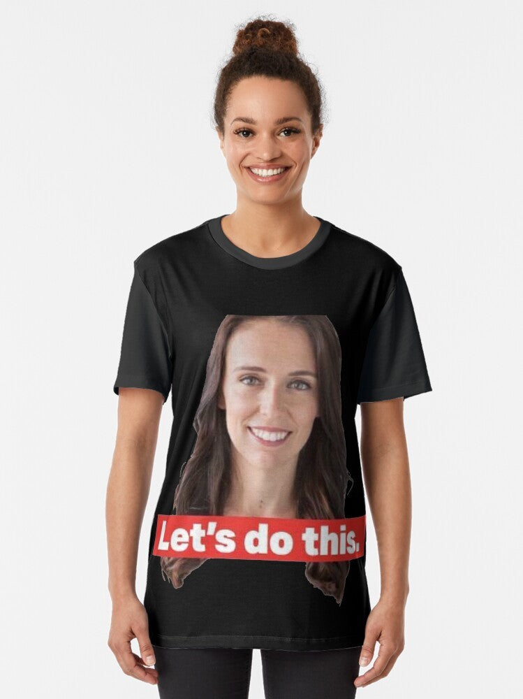 Jacinda Ardern, the Prime Minister of New Zealand, featured on a graphic t-shirt design. - Women