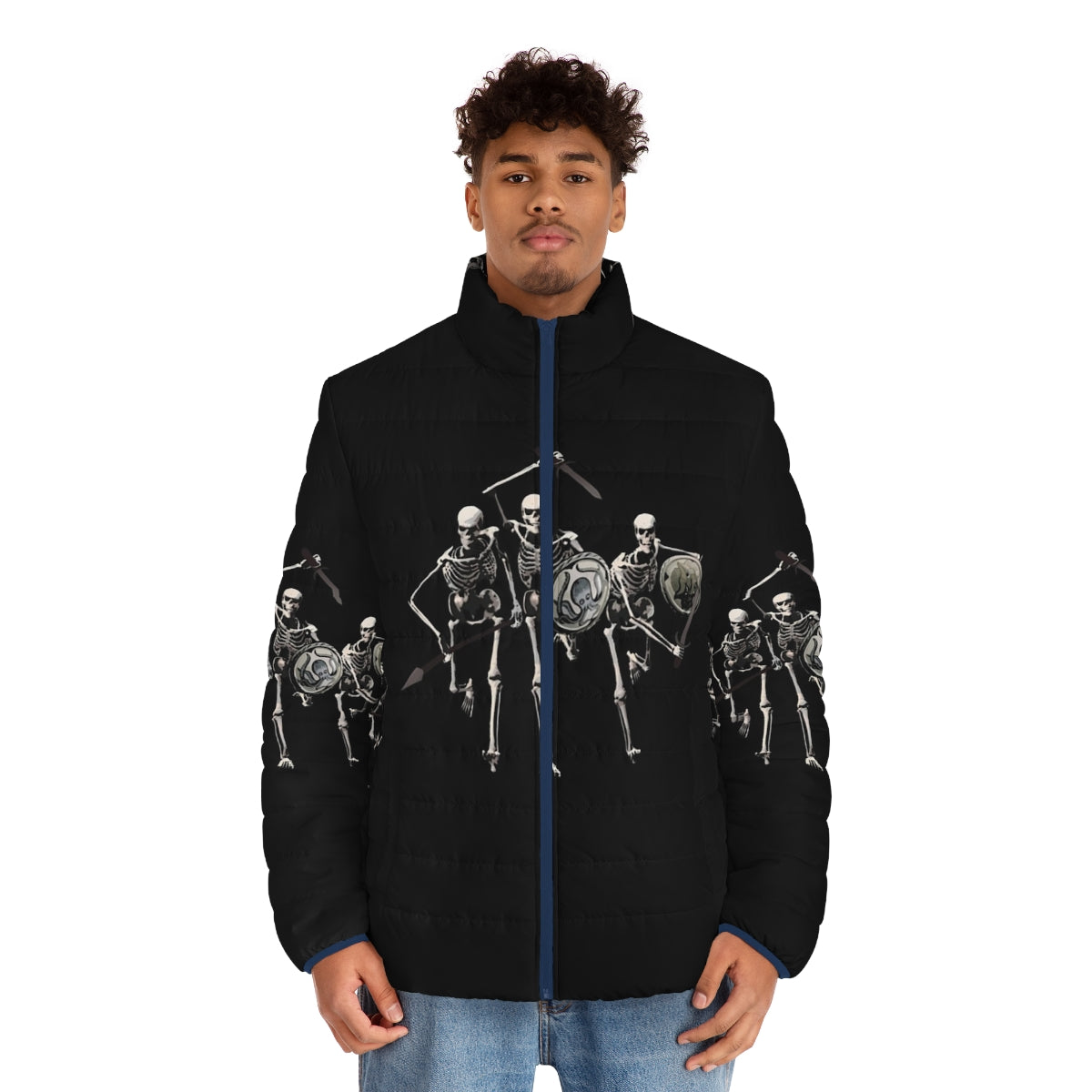 Skeleton Charge Puffer Jacket featuring ancient Greek mythology characters - men front