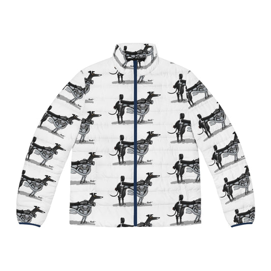 The Milwaukee One Sighthound Puffer Jacket featuring a cartoon design of greyhounds, lurchers, and whippets