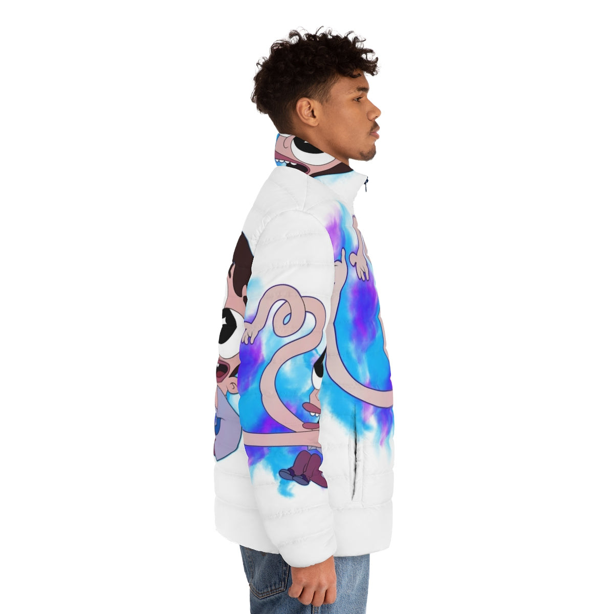 Big Mouth Crazy Nick Puffer Jacket with Oversized Netflix Bigmouth Design - men side right