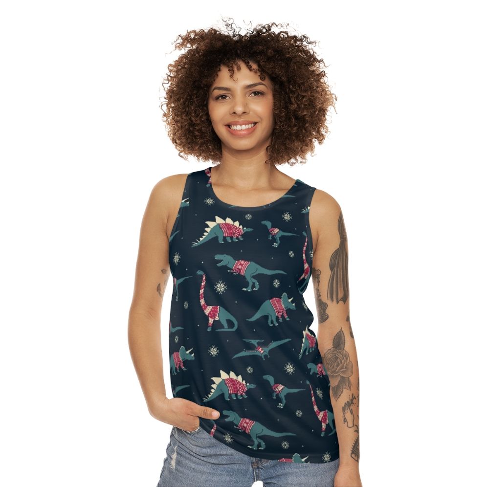 Unisex Dinos In Sweaters Tank Top featuring a graphic of dinosaurs wearing festive sweaters - women