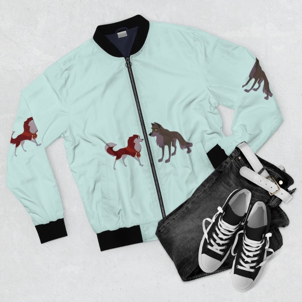 Balto and Jenna Inspired Bomber Jacket with Wolves and Dogs - Flat lay