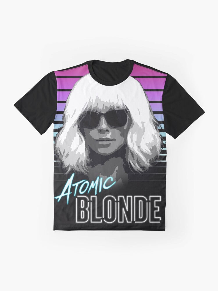 Atomic Blonde retro 80s neon movie graphic t-shirt design - Flat lay