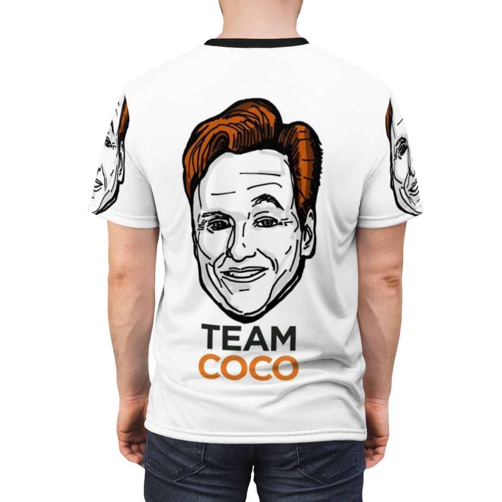 Conan O'Brien inspired All Over Print t-shirt featuring his distinctive eyebrows and "Team Coco" branding - men back