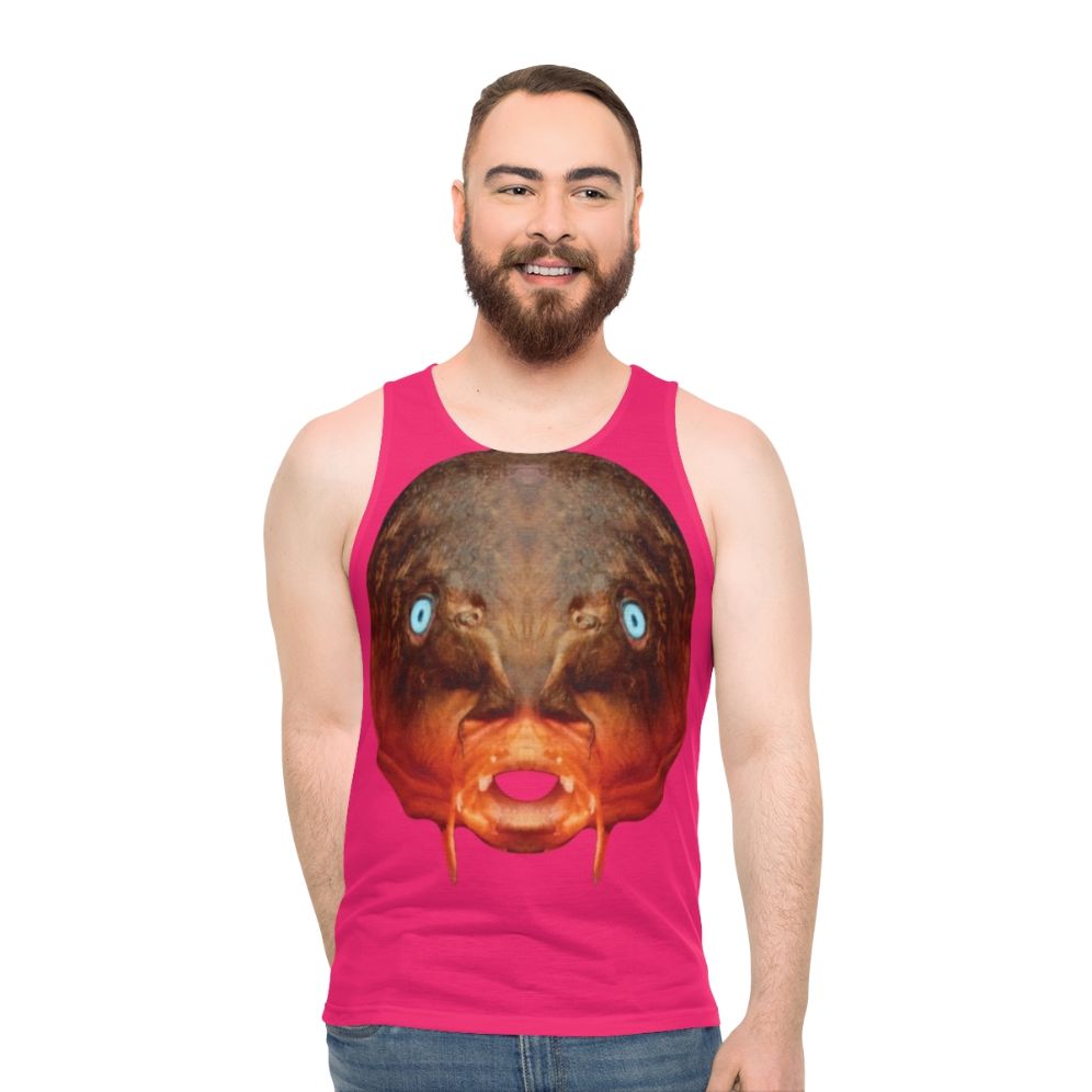 Unisex tank top featuring a surrealist "Trout Mask Replica" design - men