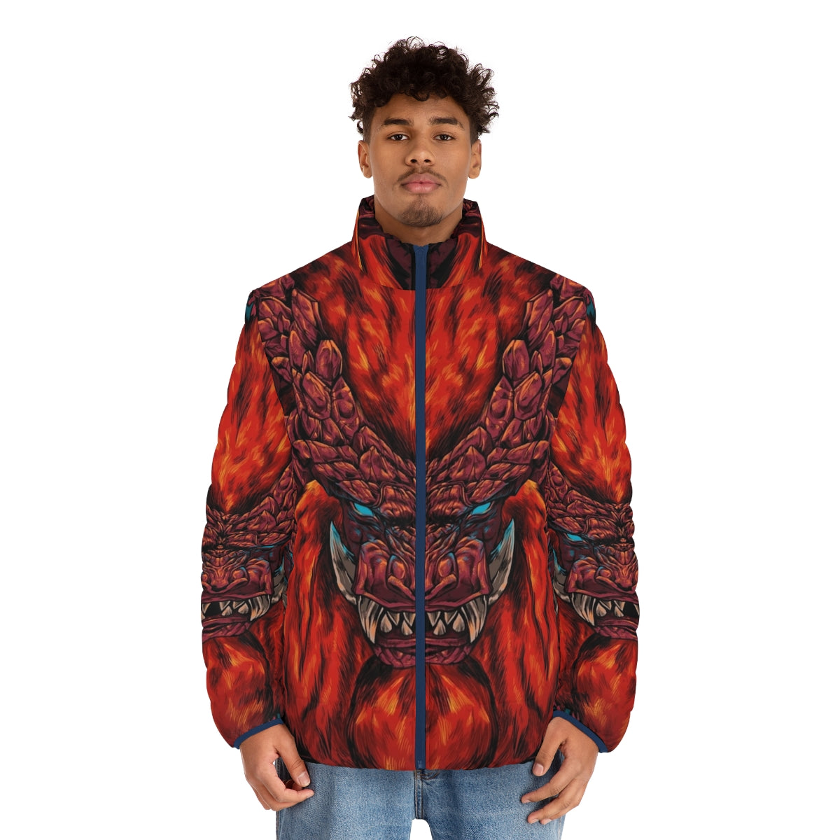 Teostra puffer jacket with gaming and monster hunting graphic design - men front