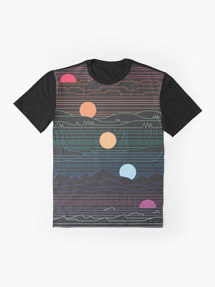 Minimalist graphic t-shirt design featuring a sun and landscape elements in pastel colors, evoking a vintage, vaporwave-inspired aesthetic. - Flat lay