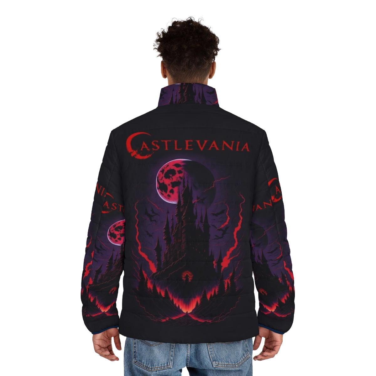 Castlevania Hidden Secrets Puffer Jacket featuring characters from the Netflix series - men back