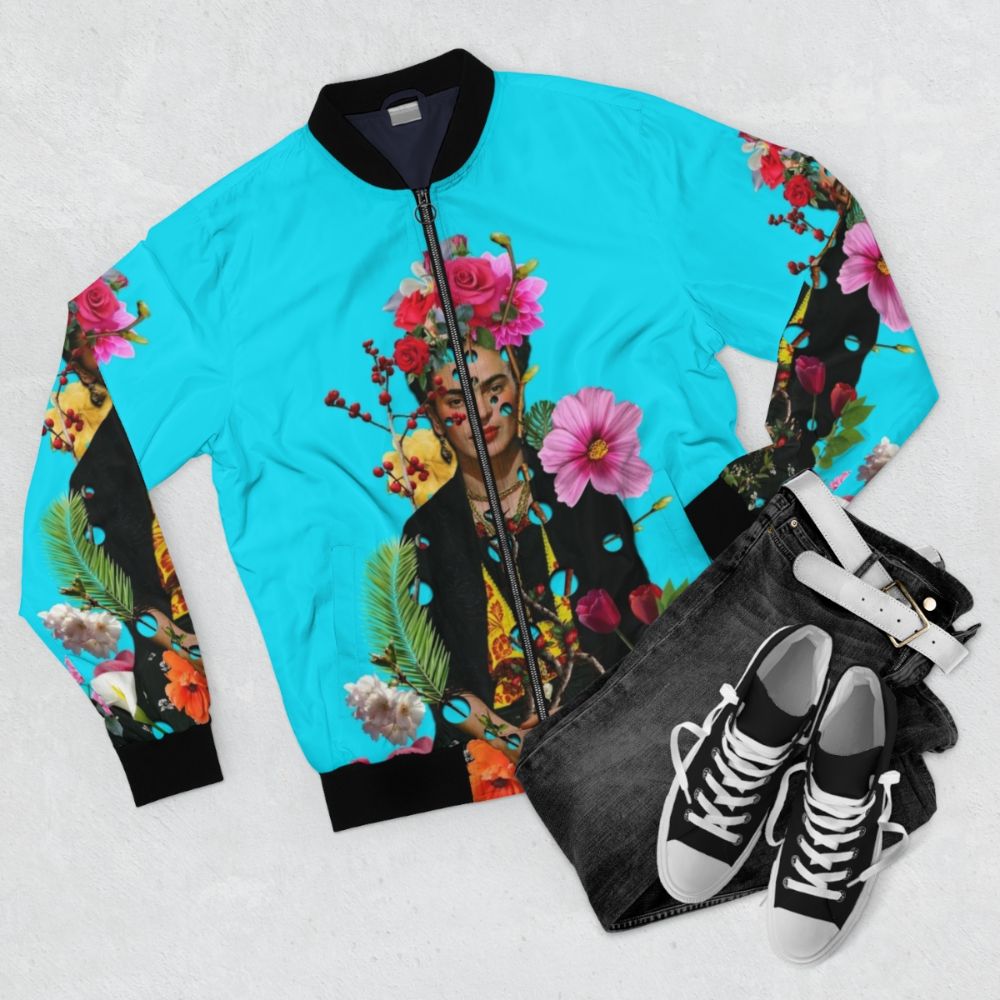 Frida Kahlo inspired feminist flower art bomber jacket - Flat lay