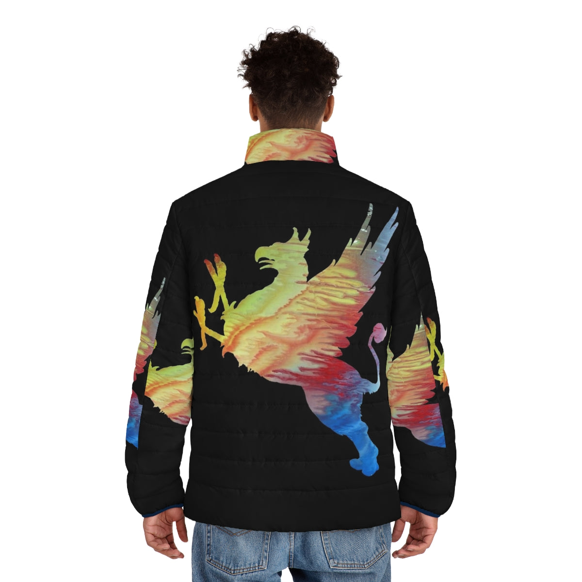 Gryphon Puffer Jacket with abstract watercolor painting of a legendary mythological creature - men back