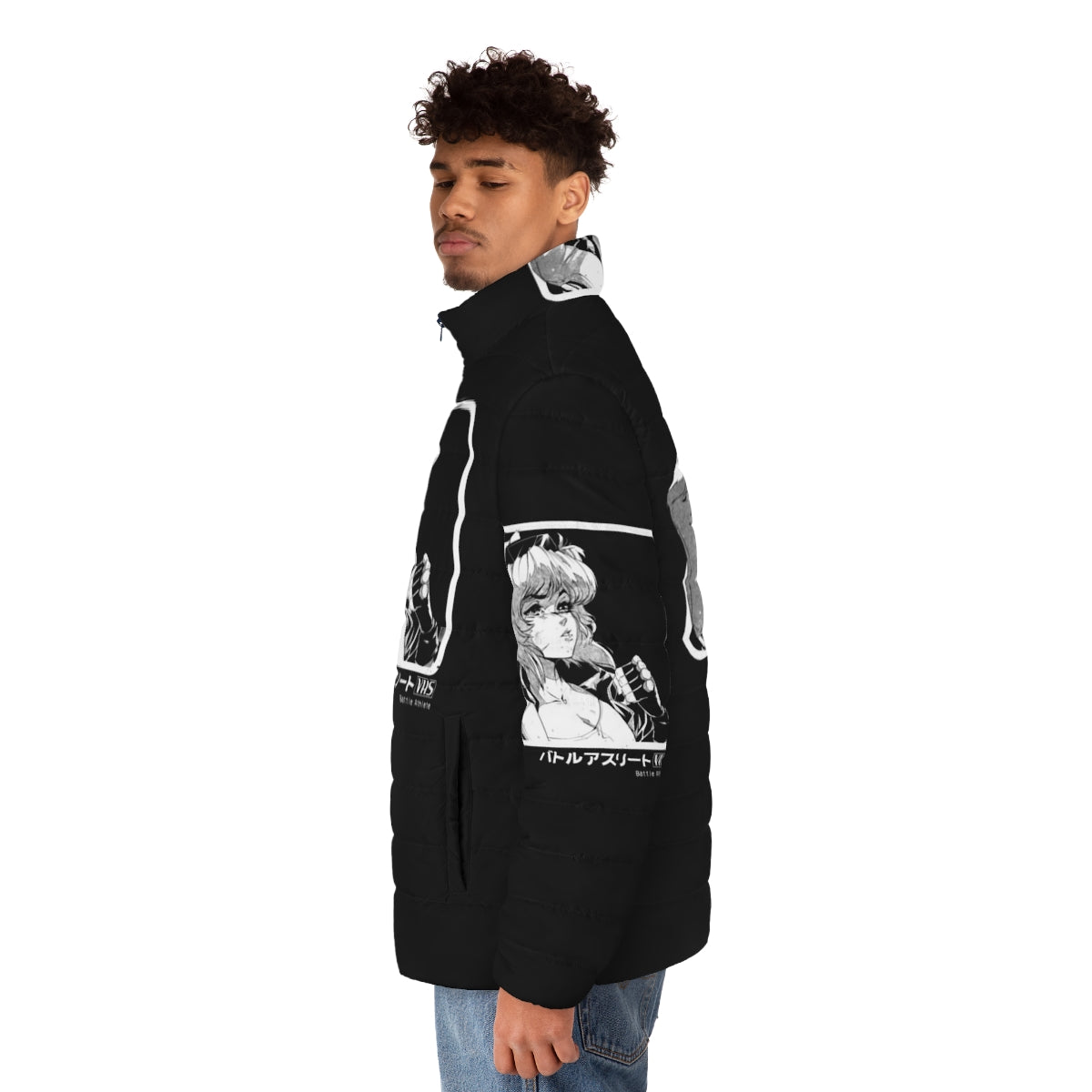 Retro Puffer Jacket with Anime and Video Game Inspired Design - men side left