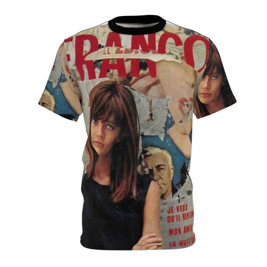 A stylized graphic t-shirt featuring a vintage portrait of a French girl, with text and design elements evoking the 1960s and 1970s fashion and music.