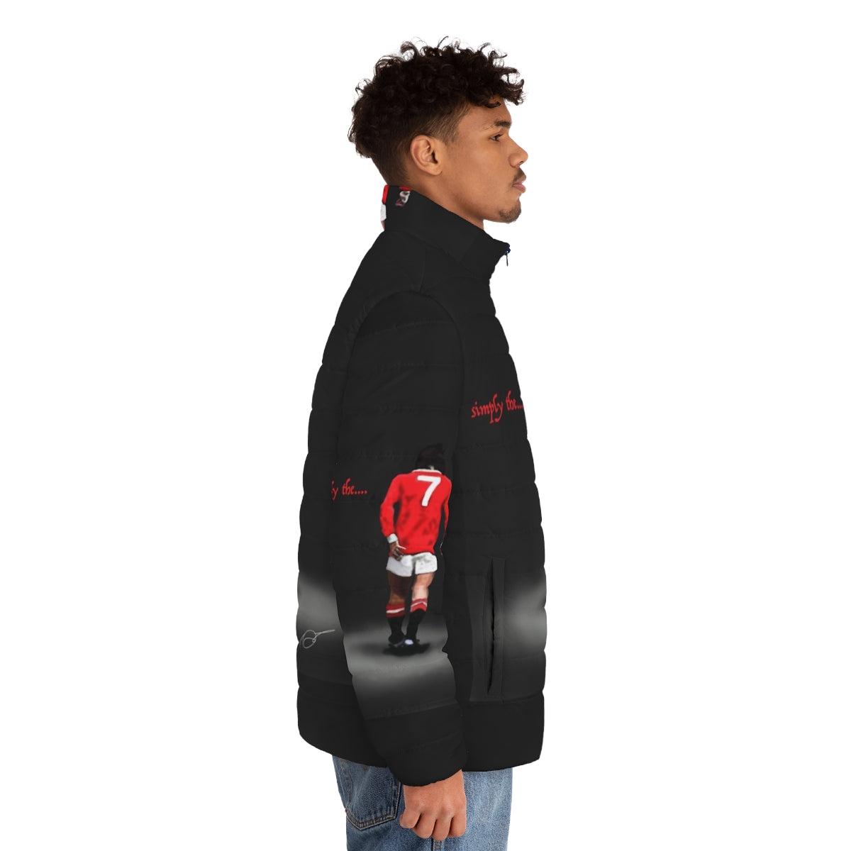 Stylish puffer jacket featuring a digital drawing of football legend George Best - men side right