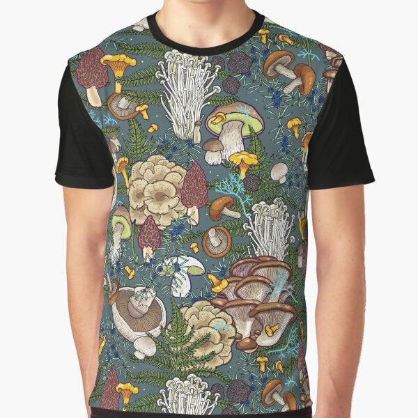 Graphic t-shirt featuring a pattern of various mushrooms in a forest setting, including chanterelle, portobello, bolete, oyster, truffle, and more.