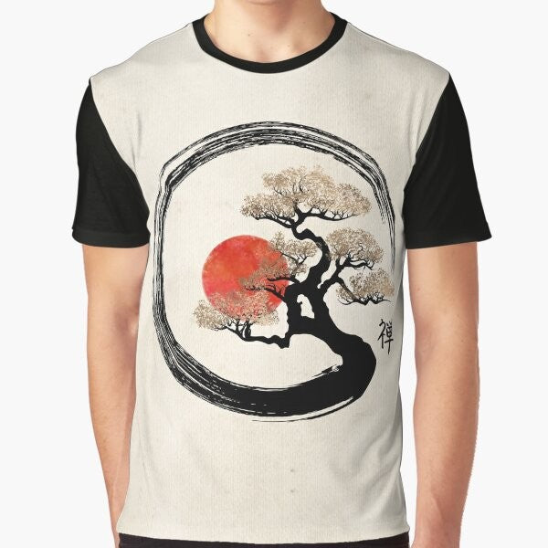 Minimalist graphic t-shirt featuring an enso circle and bonsai tree design.