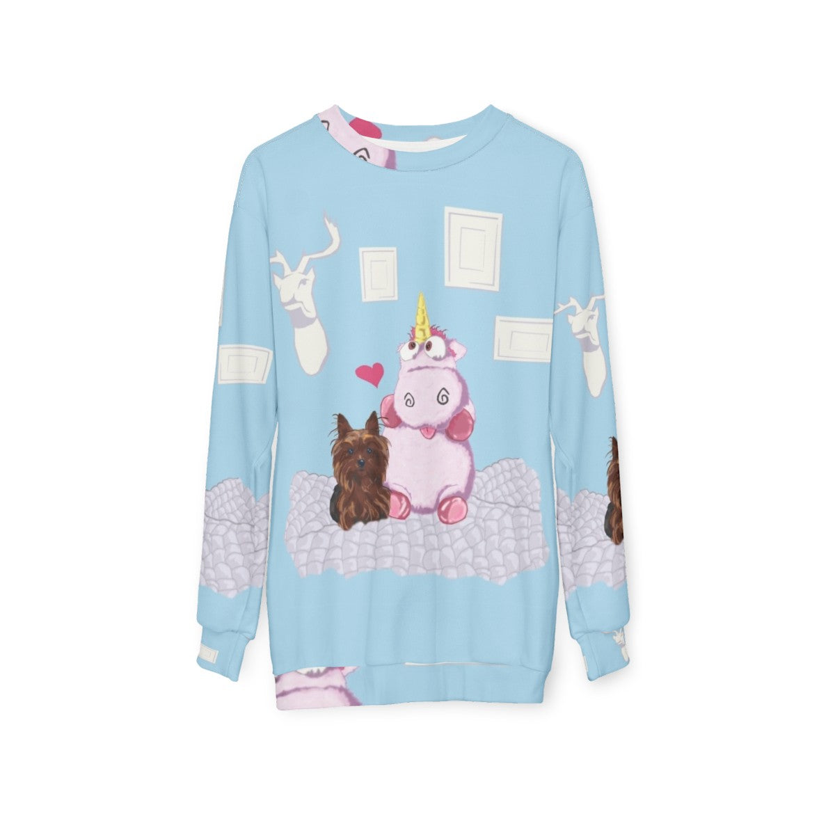 Cute family portrait sweatshirt featuring a legendary unicorn and yorkie dog - hanging