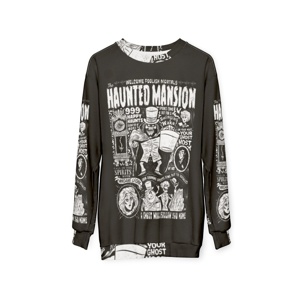 Spooky haunted mansion sweatshirt with horror theme - hanging