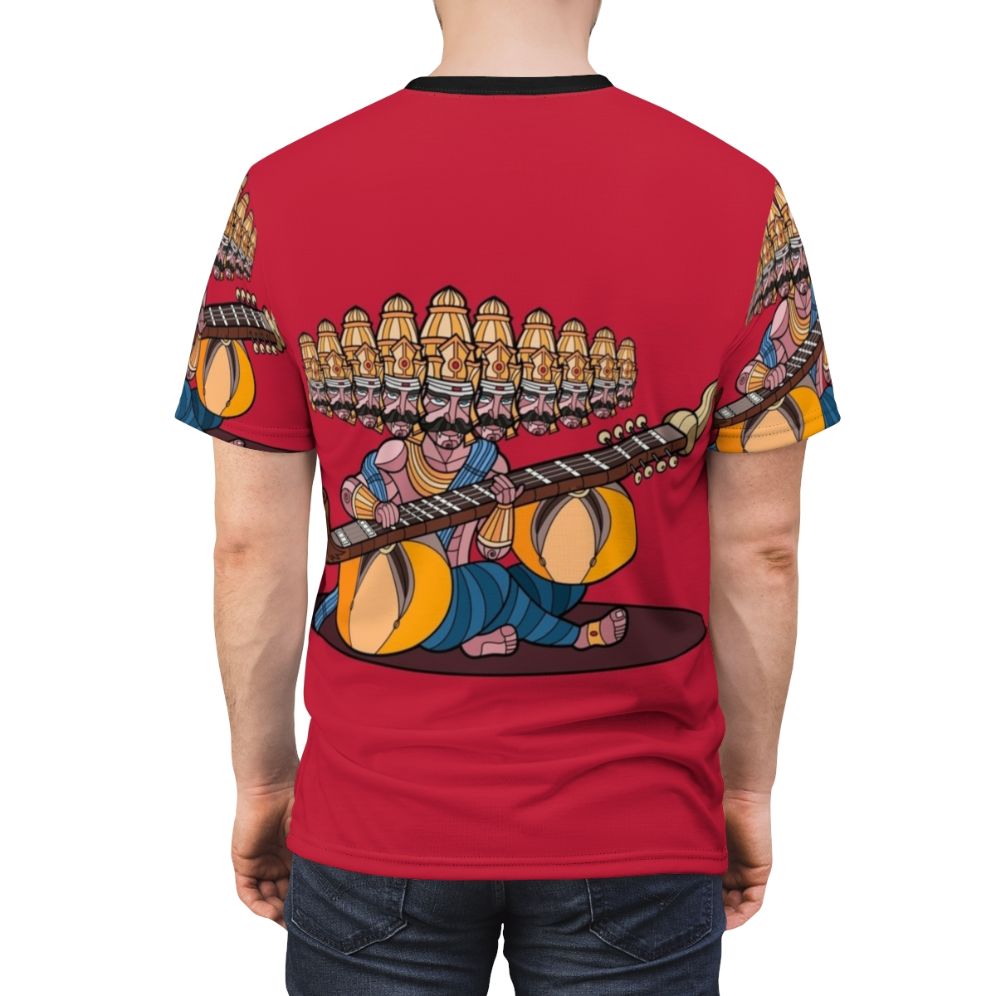 Ravana, the legendary demon king from Hindu mythology, depicted playing the veena, a traditional Indian musical instrument, on an all-over-print t-shirt. - men back