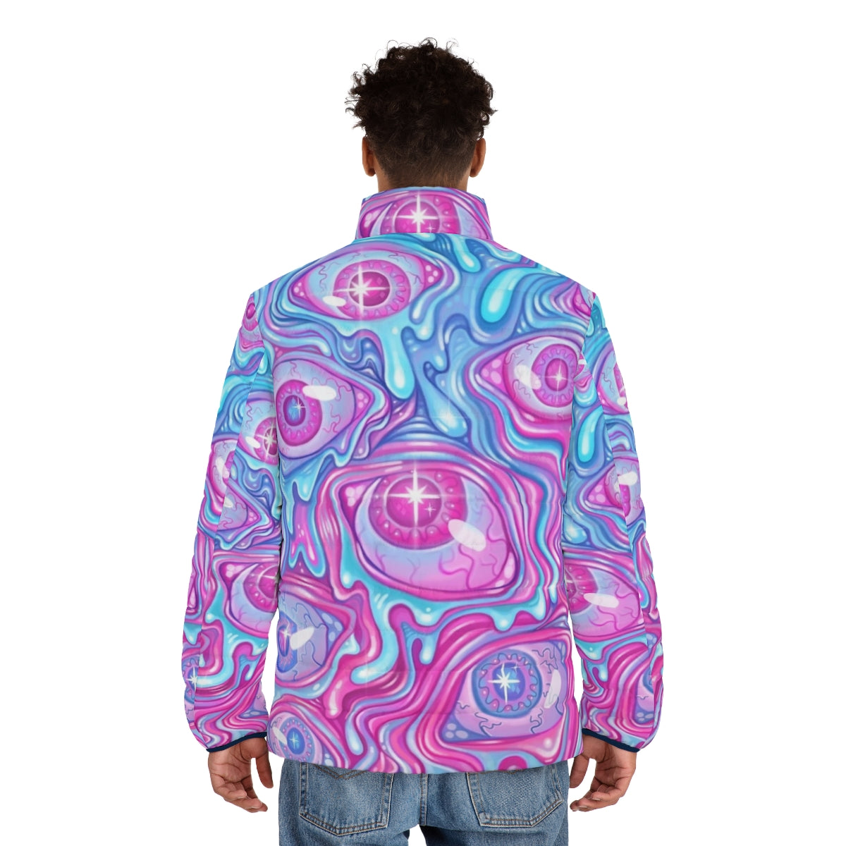 Colorful puffer jacket with a vibrant eyeball pattern design - men back